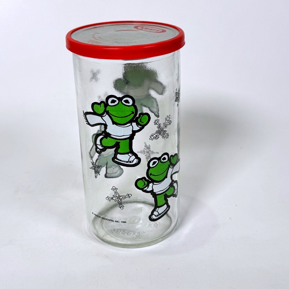 Vintage 1989 Kraft Kermit the Frog Ice Skating Glass Jelly Jar with Red Lid